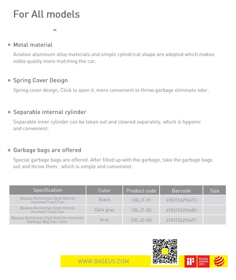 Lixeira de Carro Baseus em Liga de Metal - Organizador de Resíduos e Acessórios Automotivos