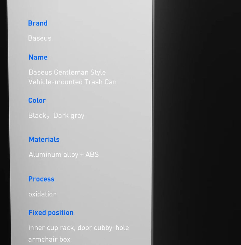 Lixeira de Carro Baseus em Liga de Metal - Organizador de Resíduos e Acessórios Automotivos